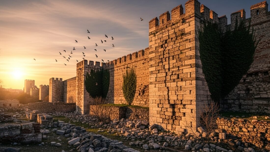 The once mighty walls of Constantinople in poor condition